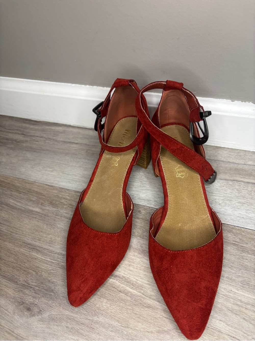 Women’s Red Suede Pointed-Toe Ankle-Strap Heels with Block Heel